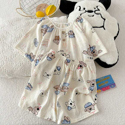 Summer New Cloud Cotton round Ne Button Sweet Cartoon Spwear Two-Piece Set Lightweight Comfortable Student Home Clothes Biscuit dog