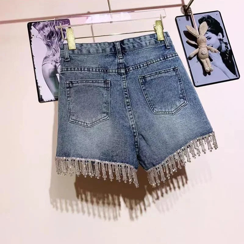 Sexy Wimen Rhinestones Fringed High Waist Hot Drilling Denim Shorts Diamonds Tassels Jeans Hot Pants Chic Crystal Short Trousers