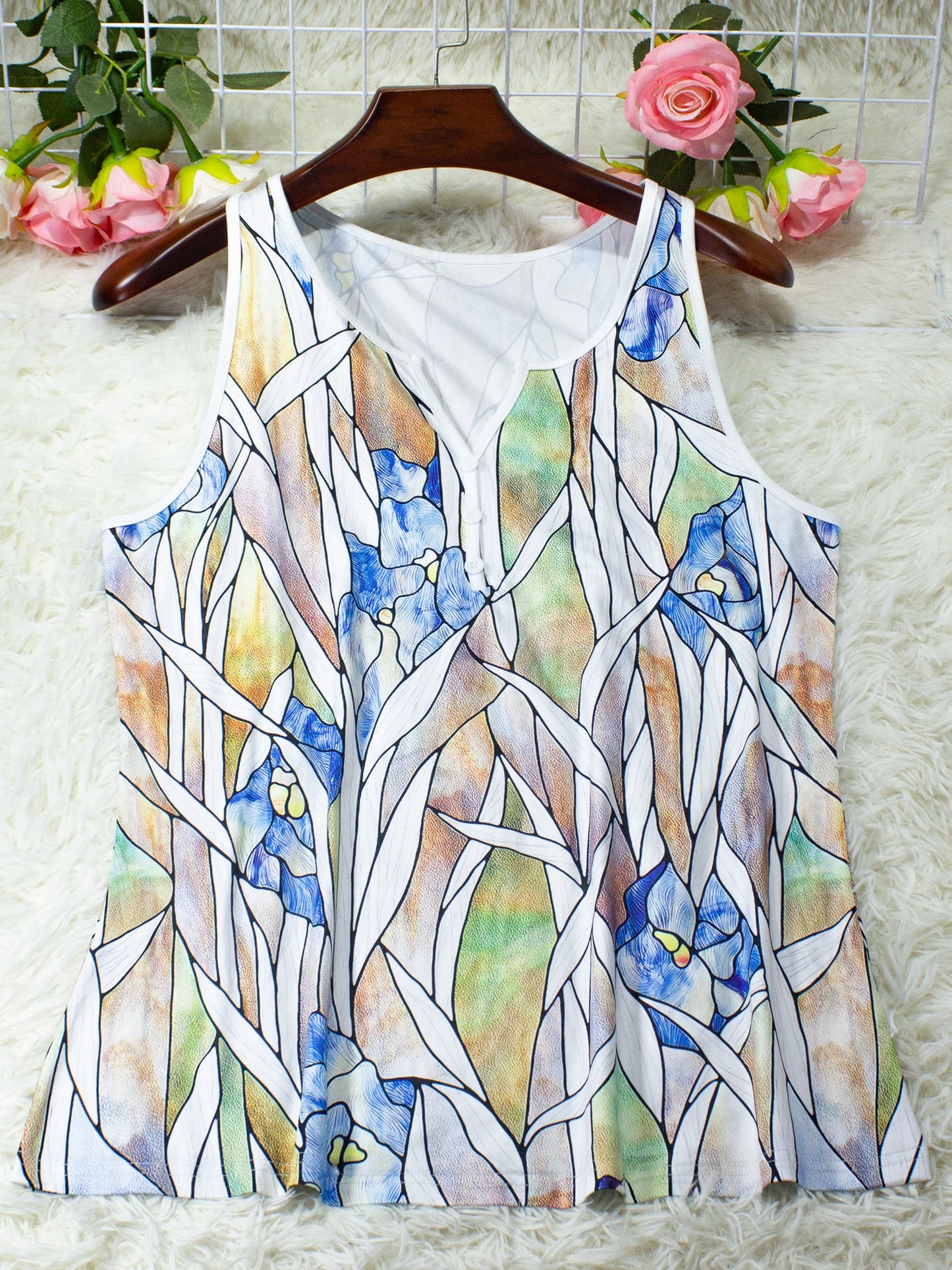 Plus Size Leopard Print V-Neck Tank Top with Button Detail - Casual Chic Summer Women's Vest, Comfy Stretch Fashion Apparel