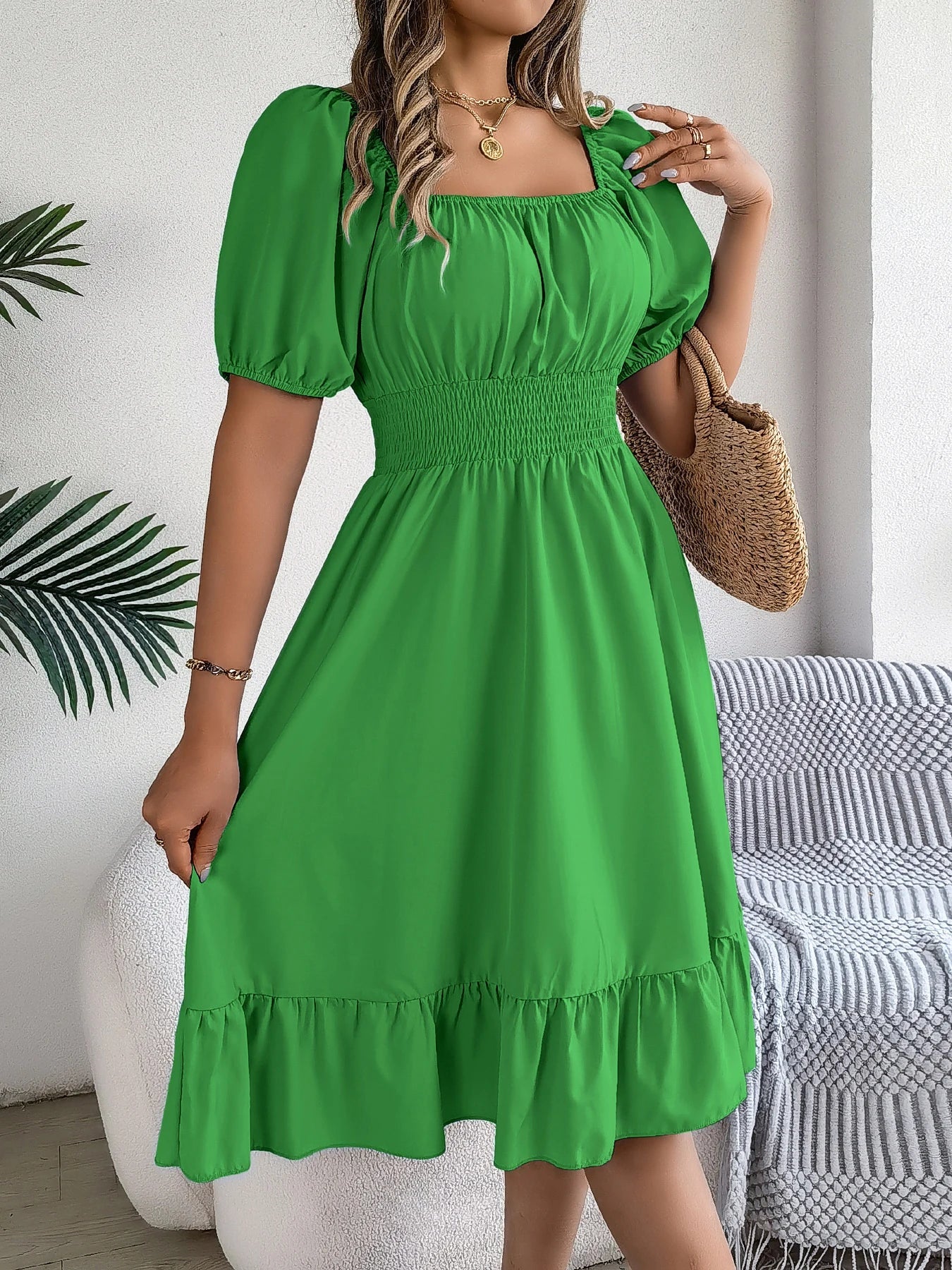 Spring and Summer Elegant High Waisted Dress Square Neck Short Sleeved Ruffled Edge Long Dresses for Women Badiee Stylez
