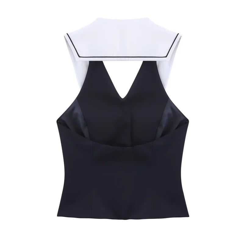 Women's Tops New Summer 2025 Sailor Suit Style Sleeveless Top Sexy Open Back Design Fashionable and Versatile Lively Personality