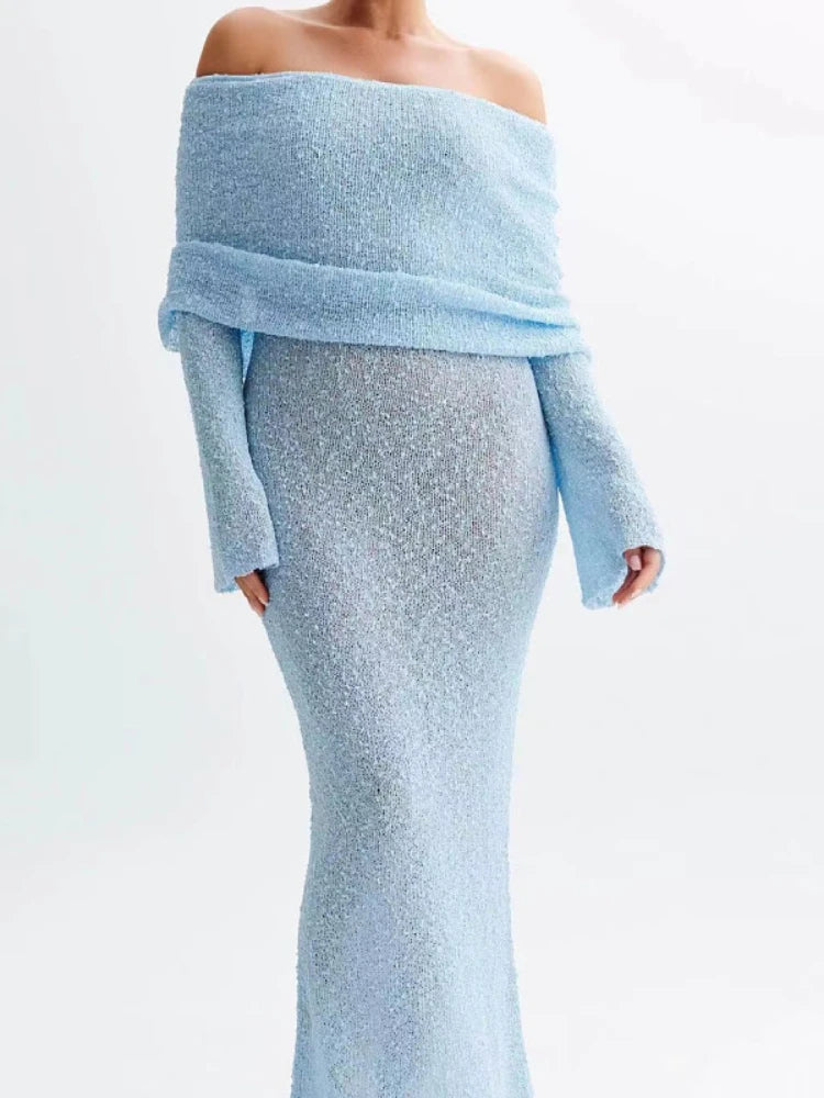 Leosoxs Slash Neck Knitted Dress Women Thin Autumn Long Sleeve Elegant Vacation Beach Party Midnight Clubwear Mini Bodycon Light Blue Long