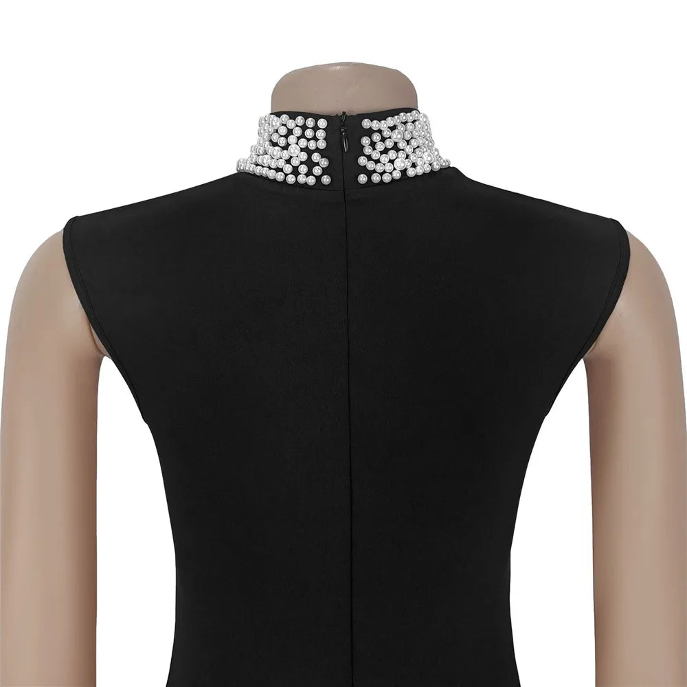 RLMABABY Elegant Splice Ruched Women Black Gown Long Bodycon Dress Pearl Stand Collar Sleeveless Club Party Sheath Maxi Dress