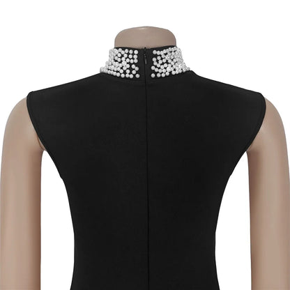 RLMABABY Elegant Splice Ruched Women Black Gown Long Bodycon Dress Pearl Stand Collar Sleeveless Club Party Sheath Maxi Dress