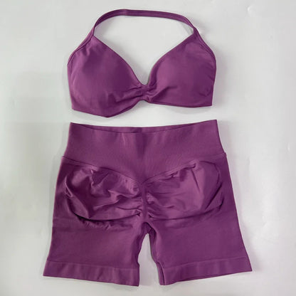 NO LOGO 2PCS Gym Set Women Strappy Yoga Bra Top High Waist Workout Scrunch Shorts Sports Suit Seamless Yoga Set Fitness Clothes Badiee Stylez