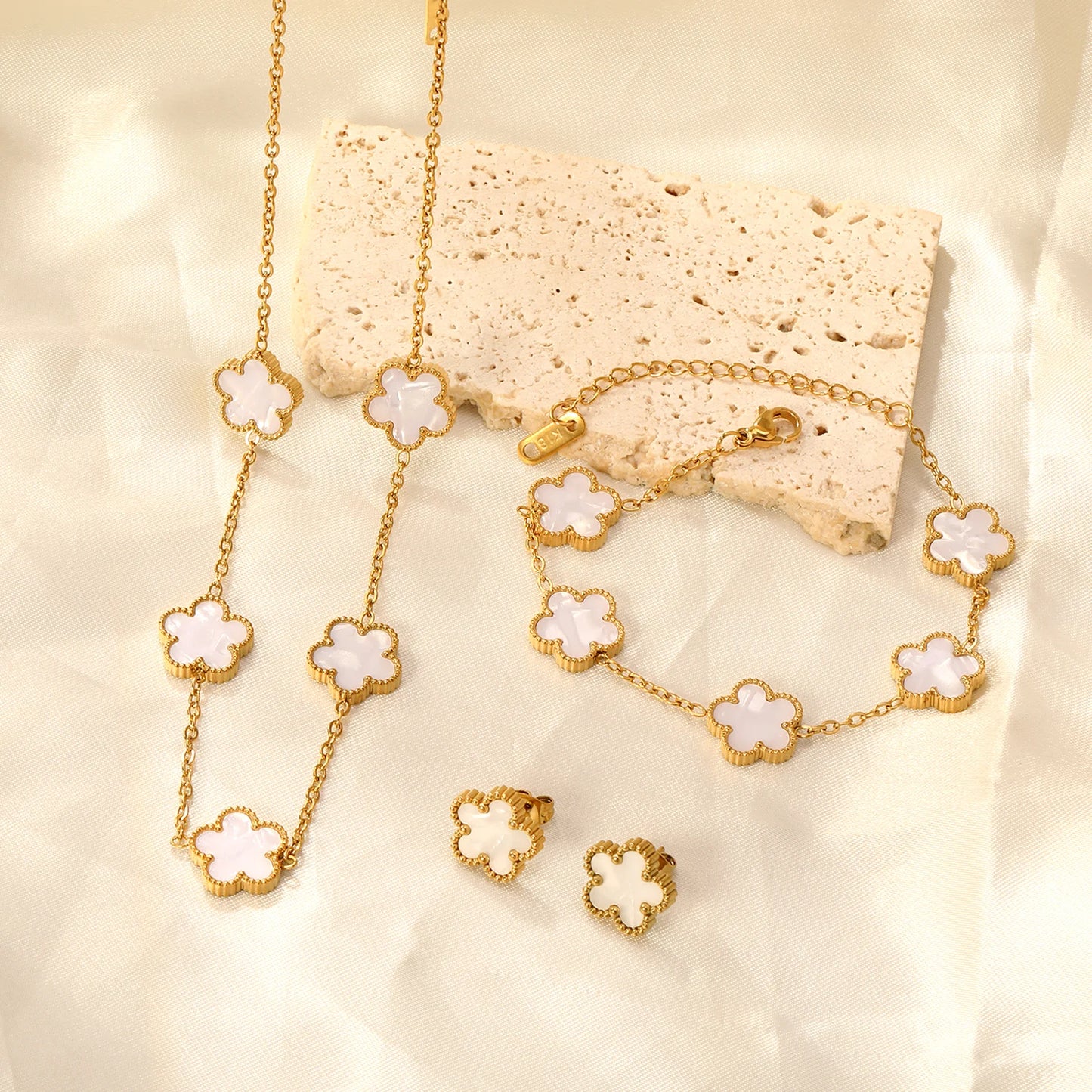 LUXUSTEEL Pendant Earnail Chain Bracelet Set Flower Shaped Stainless Steel Pendants Necklace Earring Sets Necklace Jewelry Gift Badiee Stylez