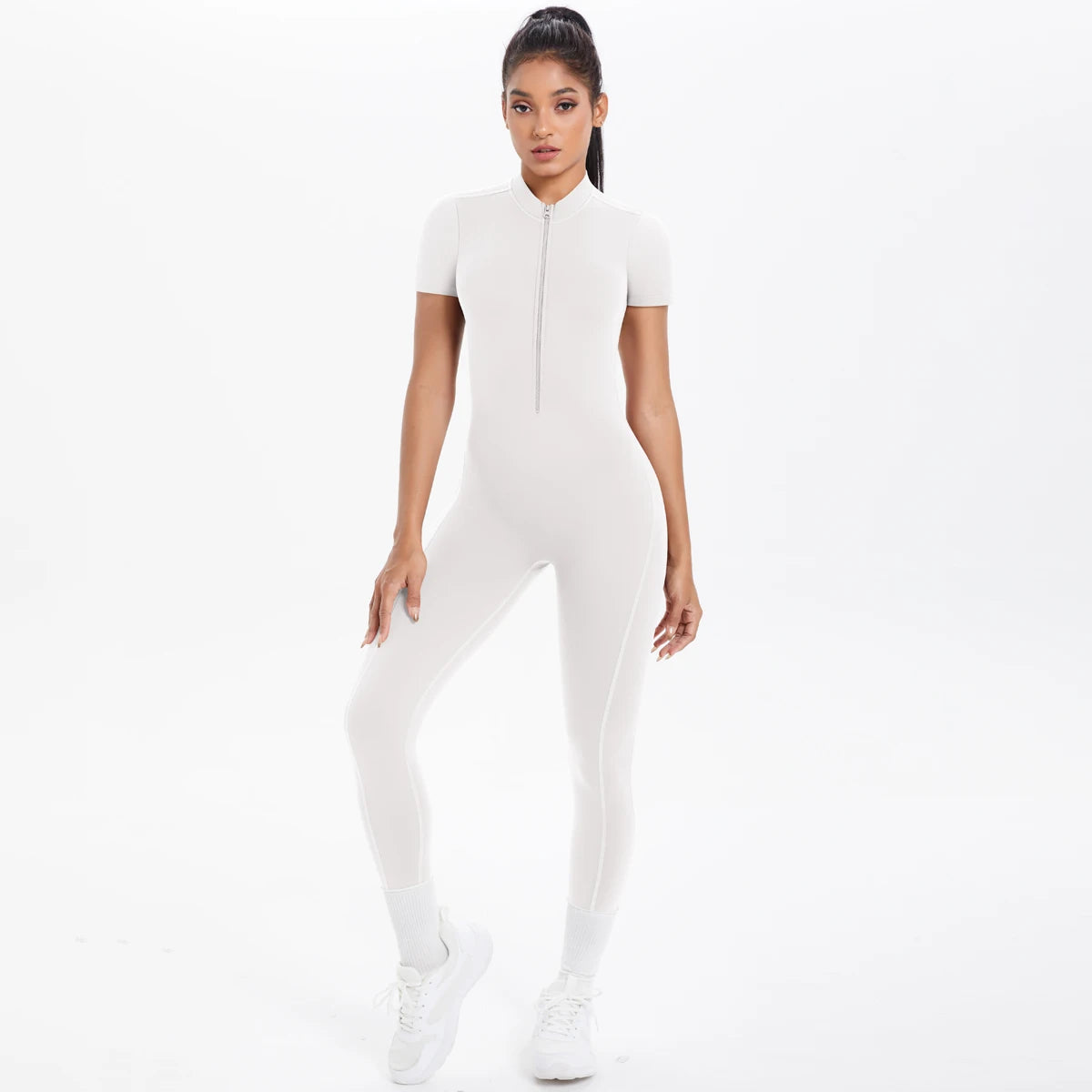 Short Sleeved Fitness Jumpsuit for Woman Bodysuits Backless Solid Color Scrunch One-Piece Suit Half Zipper Gym Yoga Sets Womens