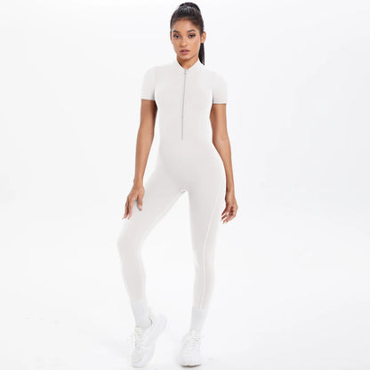 Short Sleeved Fitness Jumpsuit for Woman Bodysuits Backless Solid Color Scrunch One-Piece Suit Half Zipper Gym Yoga Sets Womens