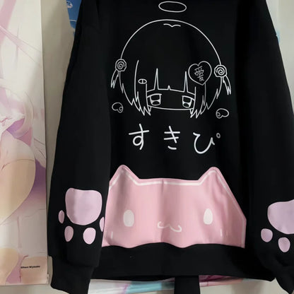 Japanese Cartoon Print Fleece Hoodies Women Harajuku Gothic Cat Ears Hooded Vintage Hoody Streetwear Y2k Aesthetic Sweatshirt