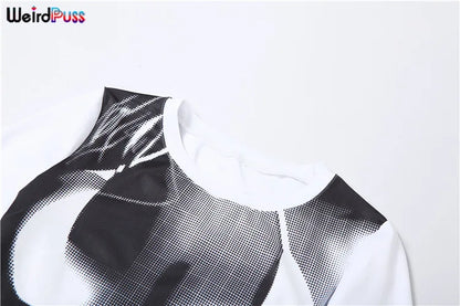 Weird Puss Sexy Print Women Crop Top Long Sleeve O Neck 2023 SpringTrend Skinny Wild Stretchy Vintage Midnight Streetwear Tees