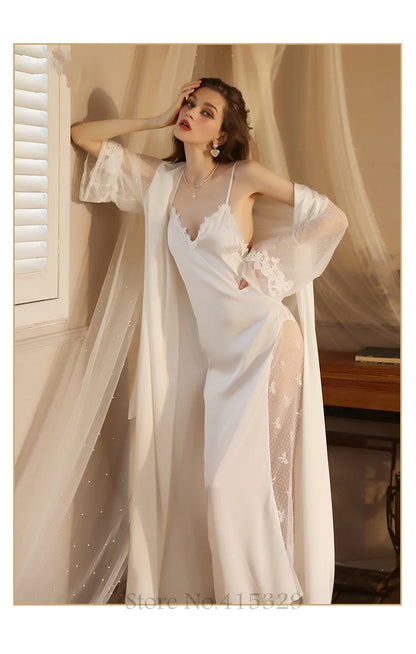 Wedding Bride Robe Set Women Sexy Lace Patchwork Nightgown Long Kimono Bath Gown Loose Suspender Nightdress Intimate Lingerie