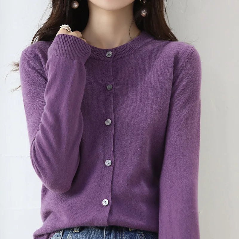 Knitted Cardigan Women's Sweater Autumn And Winter 2022 New Solid Color Coat Round Neck Short Long Sleeve Loose Korean Fashion Lilac purple CHINA