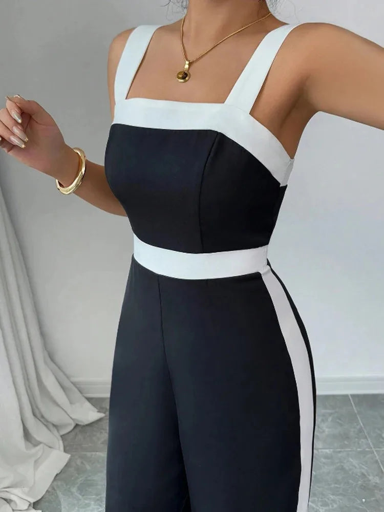 Women's Casual Black Jumpsuit White Contrast Trim Square Neck Great for City Nights Social Gatherings Fashionable Wear Badiee Stylez