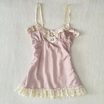 Polka dot Vintage Pink Hot Cute Dress Aesthetic Slim Y2K Short Sleeve Sundress Women Sweet Clothing Fashion Harajuku Lace Frock Pink 3