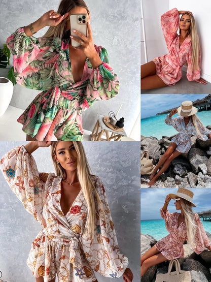 Sexy Deep V Neck Jumpsuit For Women Summer Casual Boho Beach Vacation Outfit Fashion Print Lantern Sleeve Rompers Shorts Women's
