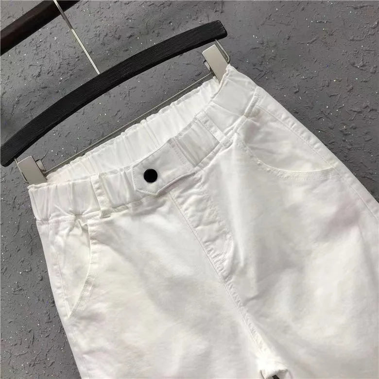 New Spring Summer Women Casual Harem Pants All-matched Casual Cotton Denim Pants Elastic Waist Solid Yellow White Jeans Female