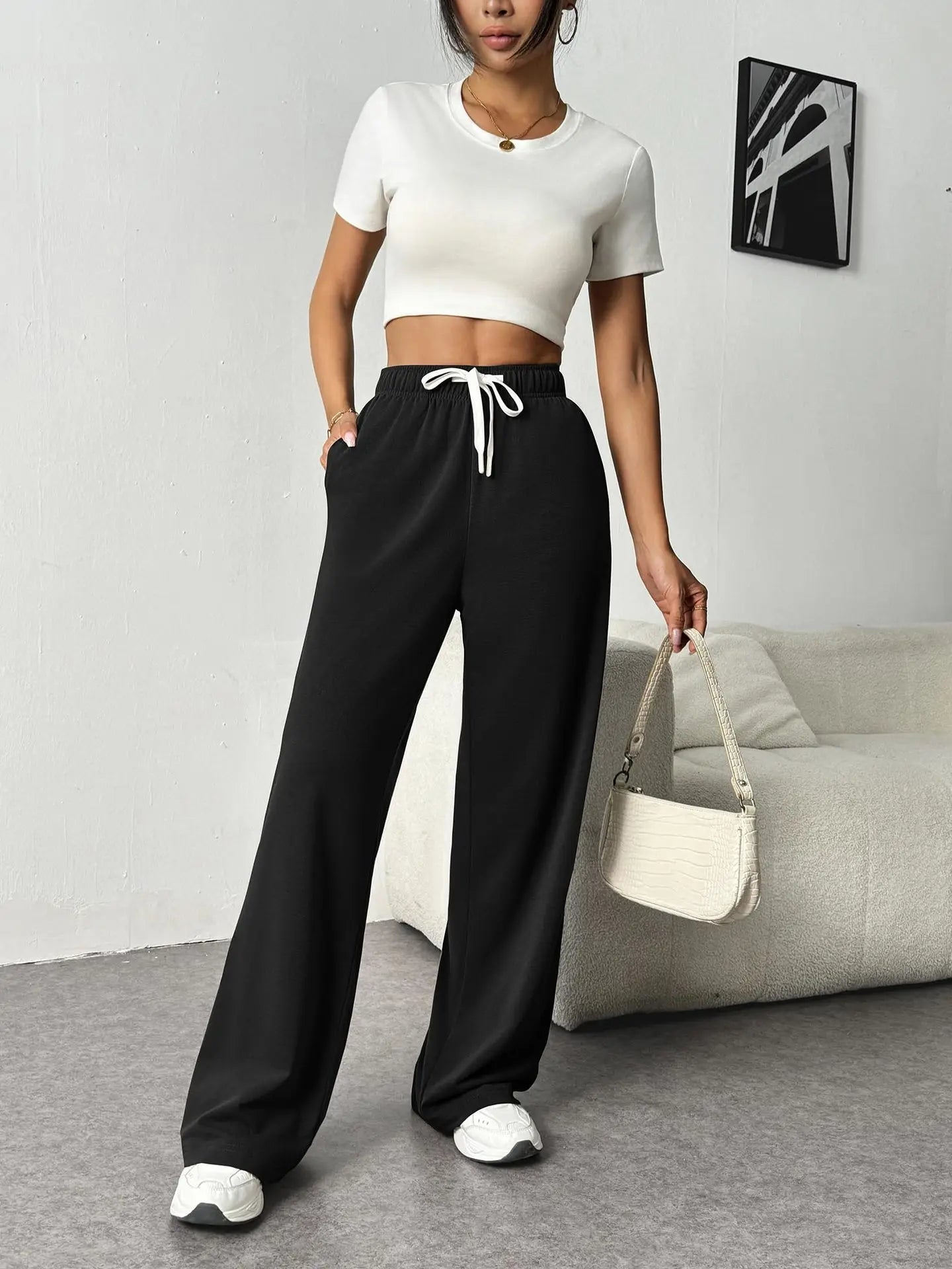 Casual Wide Leg Sports Pants for Women Casual Straight Leg Loose Solid Color Elastic Drawstring High Waisted Wide Leg Pants