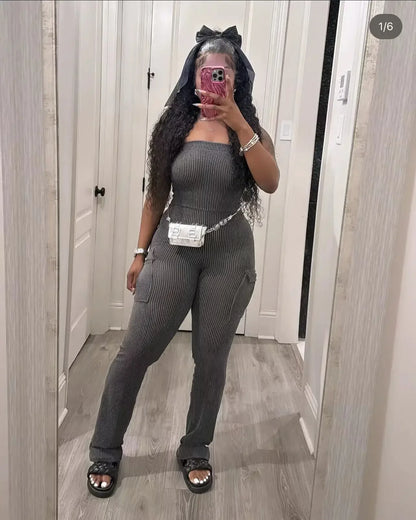 XIZOU Elegant Off Shoulder Strapless Knitted Pockets Girl Jumpsuits Women's Fitted Overalls Outfits Night One Piece Rompers