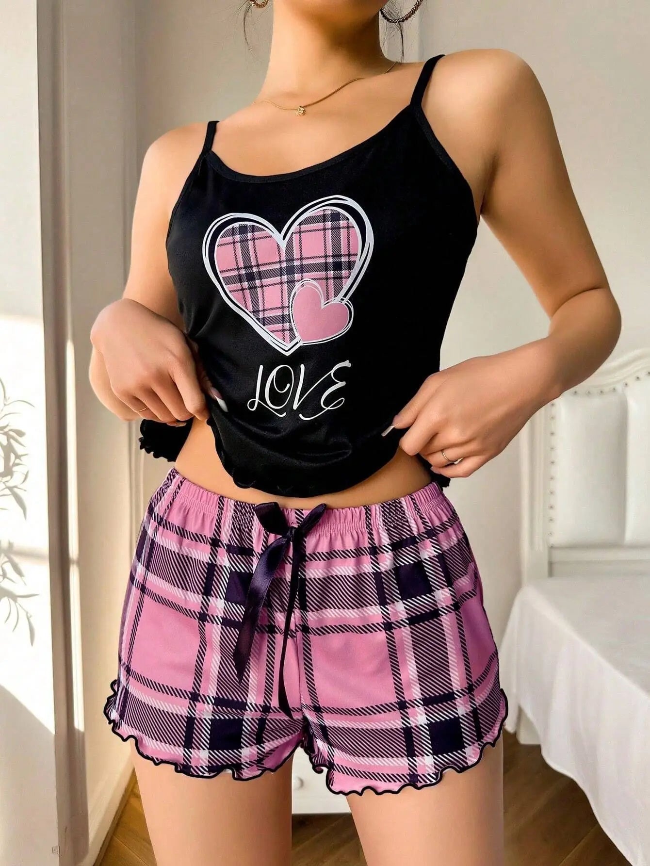 Women Sexy Suspender Shorts Thin Pajamas Letter Print Plaid Shorts Large Pajamas Romantic Home Wear Sexy Nightwear Short Pajama Badiee Stylez