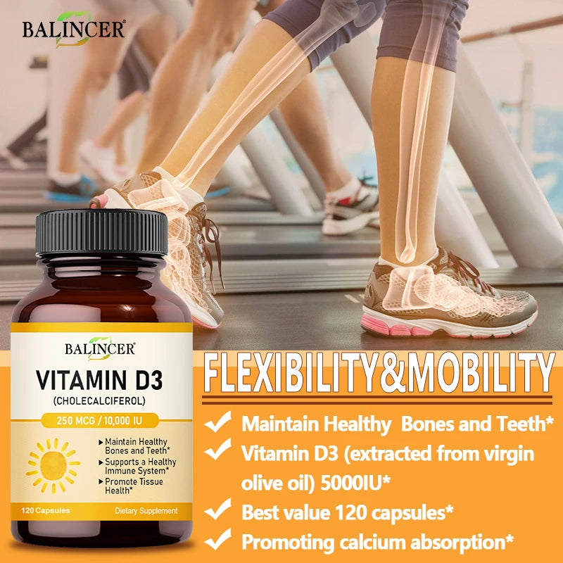 Vitamin D3 10,000 IU Capsules for Supporting Bone, Teeth, Muscle, Tissue and Immune Health, Non-GMO