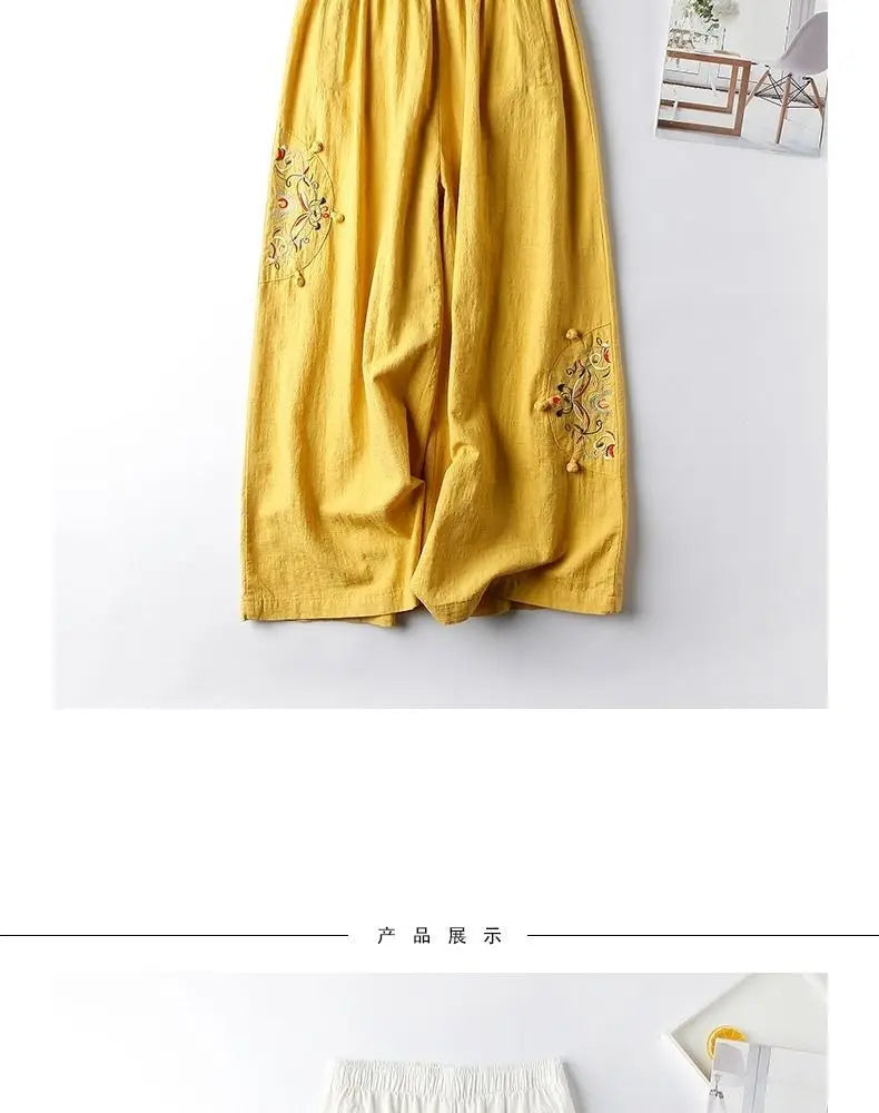 Summer Cotton Linen Cropped Pants Women Casual Thin Vintage Ethnic Bottom Embroidered Wide Leg Pants Woman Clothes Trousers