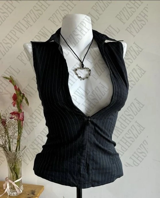 Zip Vintage Personality Tank Tops Woman's Clothing Summer Daily Stripes Camisole Y2K Popular Sexy Singlet Female Sleeveless Vest black