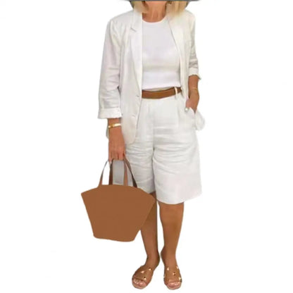 Cotton Linen Temperament Shorts Women s Suit 2 Piece Set Elastic Waist Thin Female Shorts Summer Outfit White
