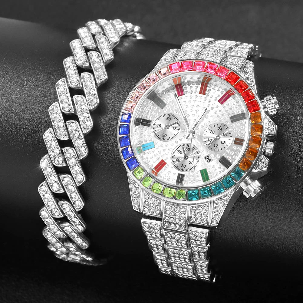 Fashion Hiphop Women Quartz Watch Luxury Cuban Bracelet Chain Sets Rhinestones Dress Wristwatch For Ladies Gift Silver with Bracelet