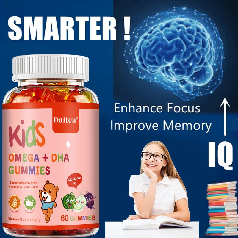 Children's Intelligence Supplement Gummies, Containing Vitamin D, OMEGA + Calcium, Support Attention, Memory, Brain Health