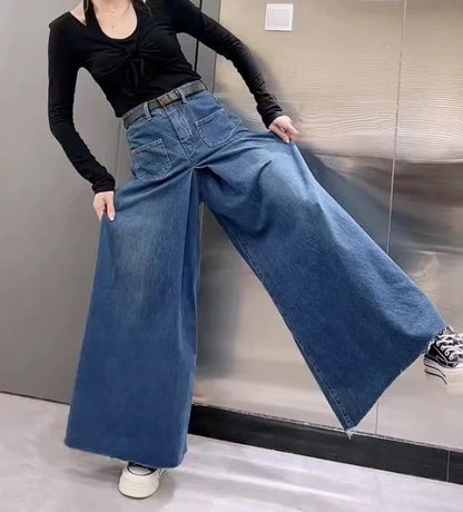 Retro Loose Super Wide-leg Jeans Women's 2024 Spring New Design Rough Edge Culottes Drape Floor Pants Women's Clothing Simple