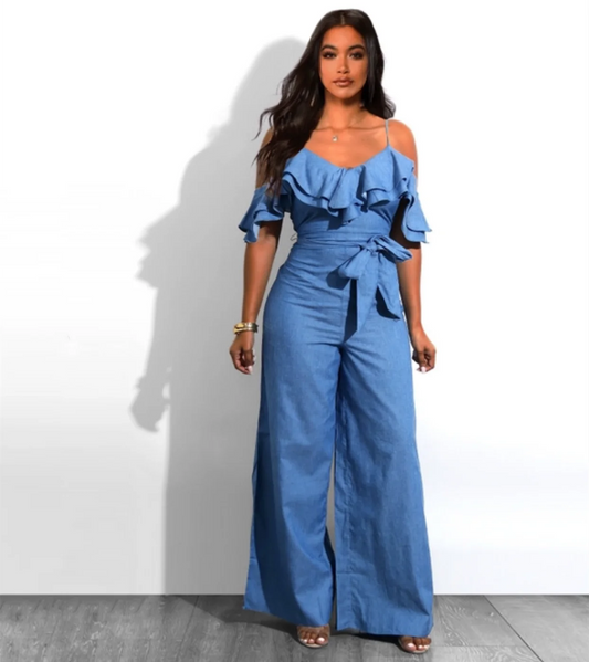 Women's Sexy Denim Jumpsuit, Ruffled Straps Romper with Belt, Loose Fit Long Pants, Summer Fashion Outfit Badiee Stylez