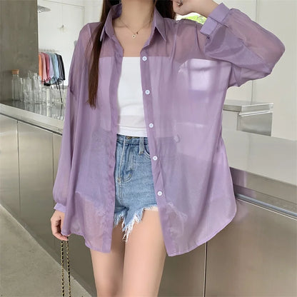 Semi Sheer Long Sleeve Shirt for Women Shimmer Button Down Collared Plain Lightweight Shirt Spring Summer Chic Tops Outfit