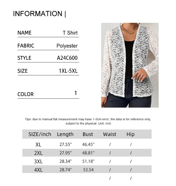 Plus Size 2025 Spring New Women's Elegant Camellia Long Sleeve Lace Cardigan Thin Transparent Jacket