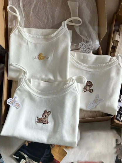 Cute Animal Embroidery Tank Tops Women Summer Lace Trim Cotton Sleeveless Camisole Vests Solid Vintage Sweet Slim Crop Top Y2k