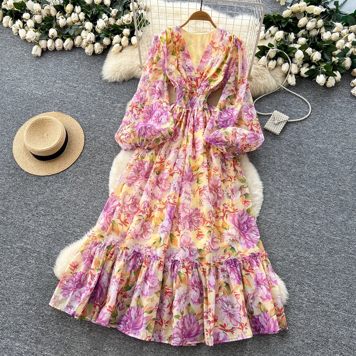 Chic vintage long sleeve lantern sleeve V-neck print pleated Elegant Fairy korean dress women clothing Long dress
