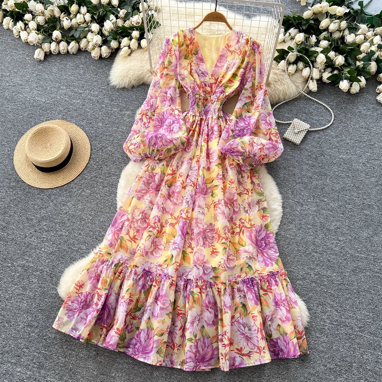 Chic vintage long sleeve lantern sleeve V-neck print pleated Elegant Fairy korean dress women clothing Long dress