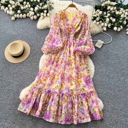 Chic vintage long sleeve lantern sleeve V-neck print pleated Elegant Fairy korean dress women clothing Long dress