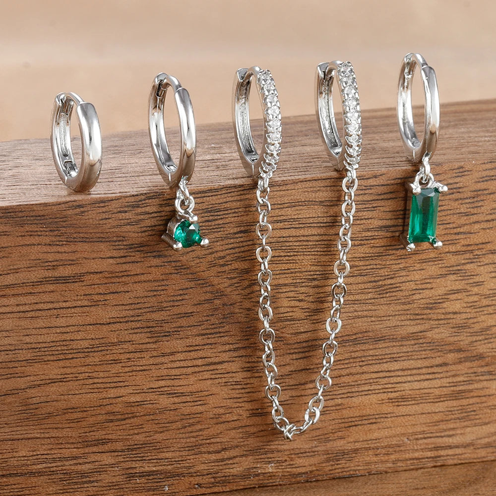 4PCS Exquisite Stainless Steel Long Chain Pendant Earrings Set for Woman Little Huggies Hoop Earrings Cartilage Piercing Jewelry silver-green-4pcs