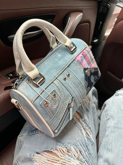 JIAERDI Retro Denim Messenger Bag Purse Women Vintage Patchwork Handle Y2k Bowling Bag Ladies Hot Girls Crossbody Hand Bags New