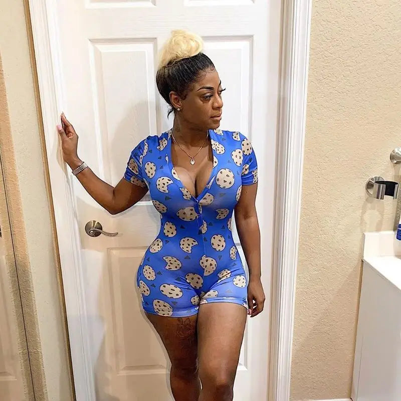 Sexy Playsuits Women Sleepwear Buttons V-neck Bodycon Short Romper Jumpsuit Leotard Printed Short Sleeve Summer Bodysuits Female