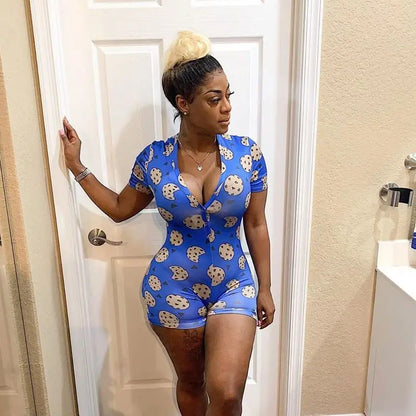 Sexy Playsuits Women Sleepwear Buttons V-neck Bodycon Short Romper Jumpsuit Leotard Printed Short Sleeve Summer Bodysuits Female