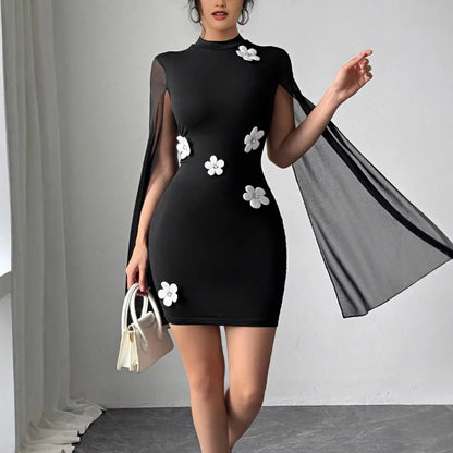 Sexy Elegant Evening Party Dresses Round Neck Pit Stripe Pearl Chiffon Cape Sleeve Wrapped Hip Dress New Fashion 2025 Casual