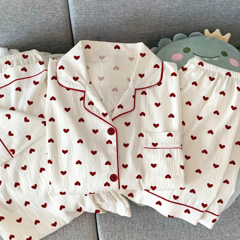 Women Summer Pajamas Three-piece Set Leisure Sleepwear Short Sleeve Lapel Sweet Heart Print Homewear Female Loose Loungewear White