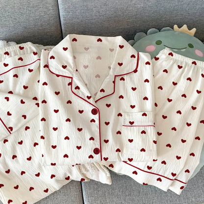 Women Summer Pajamas Three-piece Set Leisure Sleepwear Short Sleeve Lapel Sweet Heart Print Homewear Female Loose Loungewear White