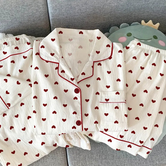 Women Summer Pajamas Three-piece Set Leisure Sleepwear Short Sleeve Lapel Sweet Heart Print Homewear Female Loose Loungewear White