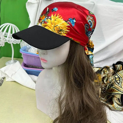 Outdoor Satin Silk Headscarf Hat with Brim 2-in-1 Sun Hat and Headband Elegant Printed Square Scarf Cap