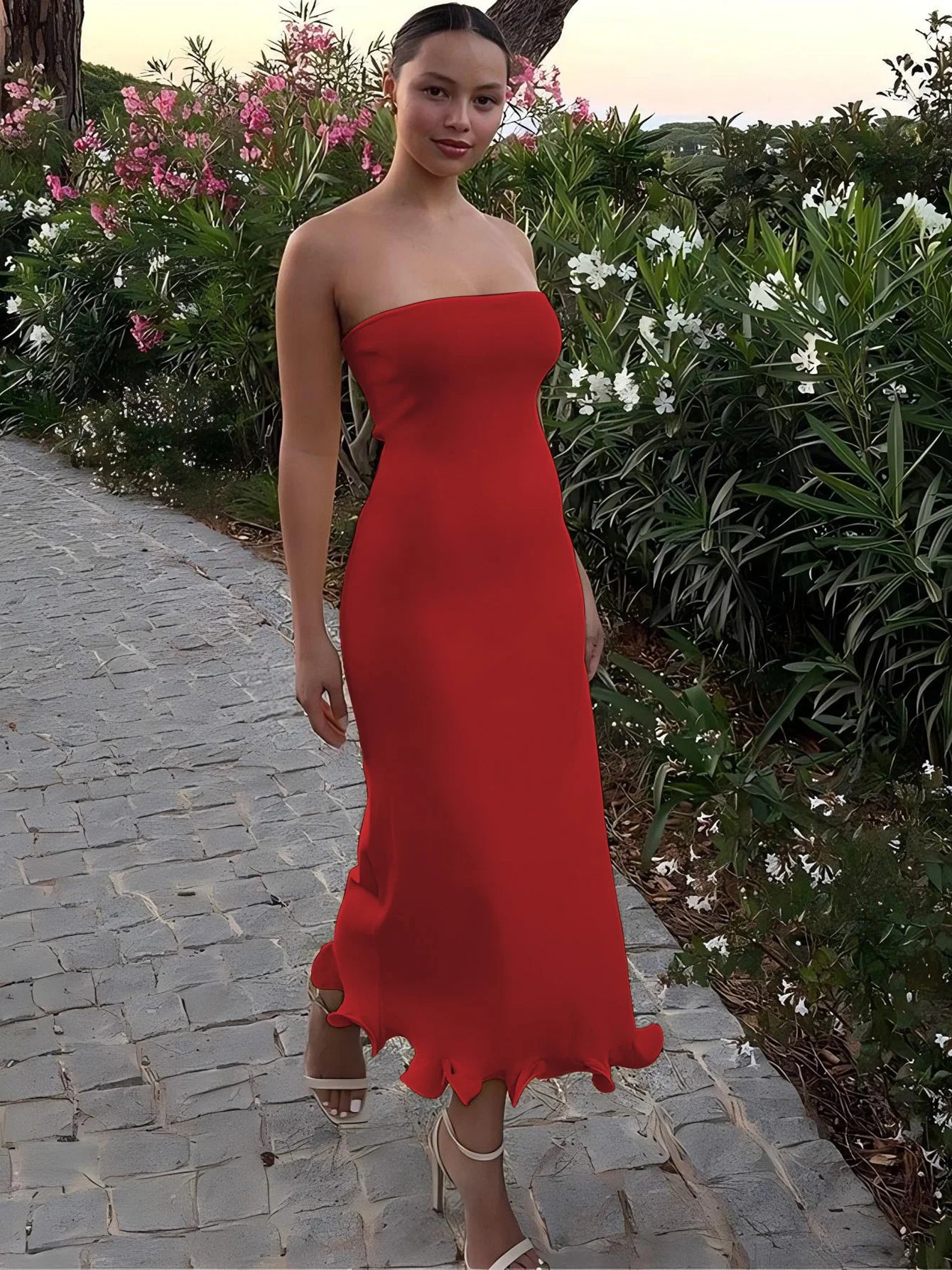 Dulzura Sleeveless Ruffles Patchwork Strapless Bodycon Midi Dress Women'S Solid Sexy Outfit Party Clubwear For Autumn Winter Red