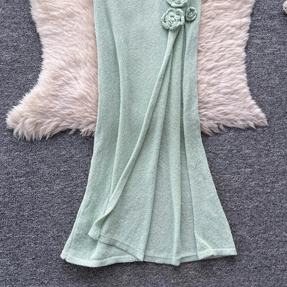 SINGREINY Halter 3D Floral Maxi Sundress Women Sleeveless Bodycon Elastic Beach Dress Vacation Knitted Split Sexy Long Dress