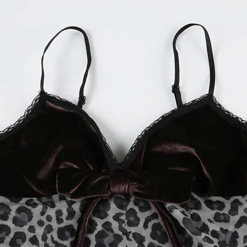 Leopard Mesh Crop Top y2k Bow Velvet Patchwork See Through Mini Vest Grunge Korean Vintage Camisole Lace Frill Tanks