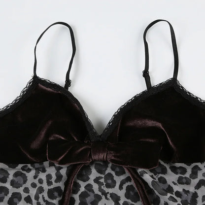 Leopard Mesh Crop Top y2k Bow Velvet Patchwork See Through Mini Vest Grunge Korean Vintage Camisole Lace Frill Tanks